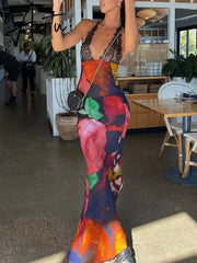 Elegant Tie Dye Floral Chiffon Dress Summer Sexy Women Backless Lace Bodycon See Through Beach Party Vestidos Aiertu