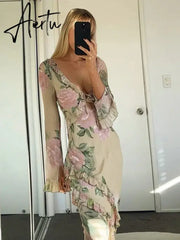 Elegant V Neck Floral Print Long Sleeve Ruffles Maxi Dress For Women Sexy Bodycon Beach Holiday Long Dresses Aiertu
