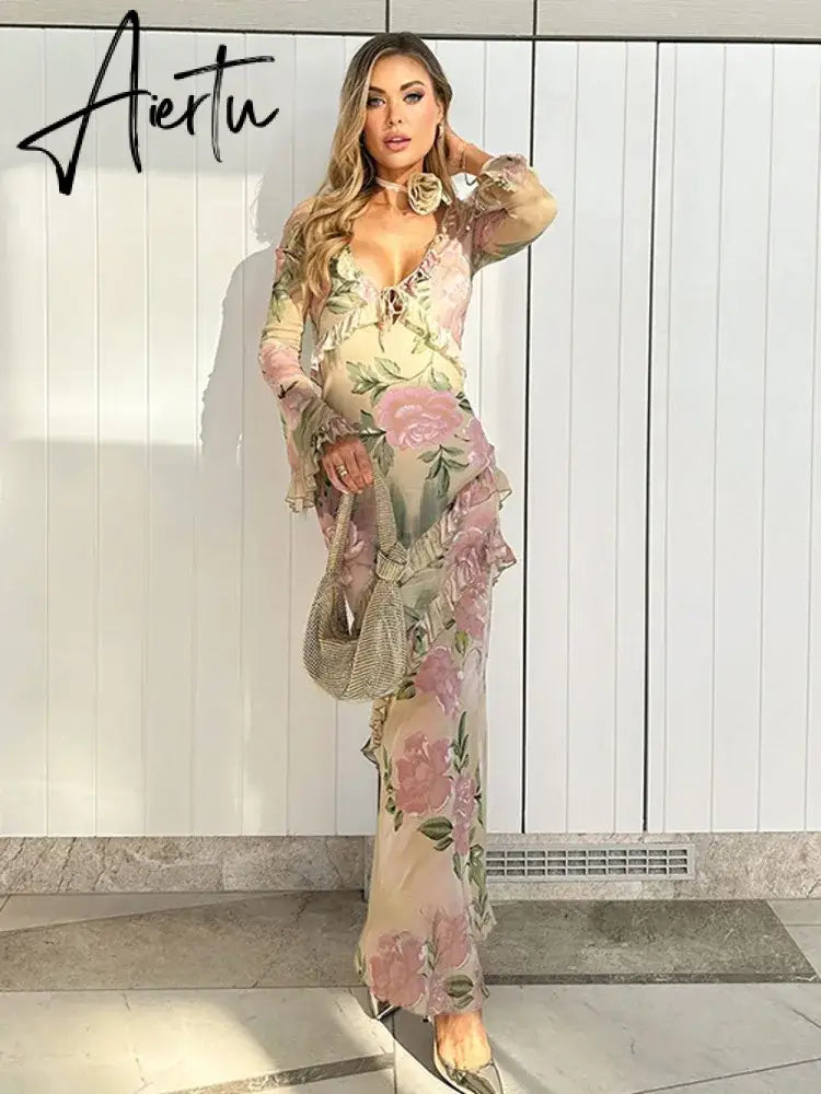 Elegant V Neck Floral Print Long Sleeve Ruffles Maxi Dress For Women Sexy Bodycon Beach Holiday Long Dresses Aiertu
