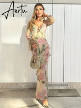 Elegant V Neck Floral Print Long Sleeve Ruffles Maxi Dress For Women Sexy Bodycon Beach Holiday Long Dresses Aiertu