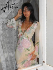 Elegant V Neck Floral Print Long Sleeve Ruffles Maxi Dress For Women Sexy Bodycon Beach Holiday Long Dresses Aiertu