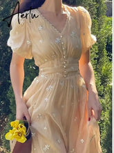 Elegant Vintage Midi Dress Women Casual Short Sleeve Boho Beach Sundress Office Lady Summer Floral Dress Korean Chic V-neck Aiertu
