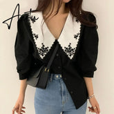 Elegant White Floral Embroidery Women Shirts Vintage Blusas Mujer De Moda Korean Chic Puff Sleeve Blouse Clothes Tops Aiertu