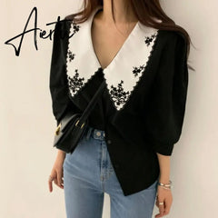Elegant White Floral Embroidery Women Shirts Vintage Blusas Mujer De Moda Korean Chic Puff Sleeve Blouse Clothes Tops Aiertu