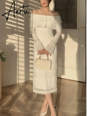 Elegant White Midi Dress Office Lady Long Sleeve Sexy Beach Party Bodycon Dress Women Chic Summer One Piece Dress Korean Aiertu