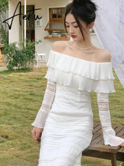 Elegant White Midi Dress Office Lady Long Sleeve Sexy Beach Party Bodycon Dress Women Chic Summer One Piece Dress Korean Aiertu