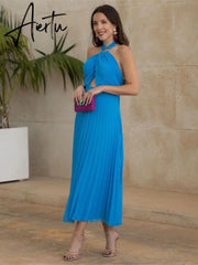 Elegant Women Blue Open Back Pleated Long Dresses Cross Neck Lace Up Sleeveless Dress Summer Female Sexy Party Club Vestido Aiertu