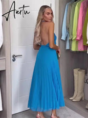 Elegant Women Blue Open Back Pleated Long Dresses Cross Neck Lace Up Sleeveless Dress Summer Female Sexy Party Club Vestido Aiertu