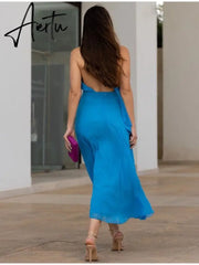 Elegant Women Blue Open Back Pleated Long Dresses Cross Neck Lace Up Sleeveless Dress Summer Female Sexy Party Club Vestido Aiertu