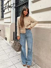 Elegant Women Camel Tweed Jacket Autumn Long Sleeve Button Frayed Cropped Jacket Female Fashion O-neck Pocket Short Coats Aiertu
