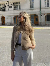Elegant Women Camel Tweed Jacket Autumn Long Sleeve Button Frayed Cropped Jacket Female Fashion O-neck Pocket Short Coats Aiertu