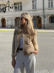 Elegant Women Camel Tweed Jacket Autumn Long Sleeve Button Frayed Cropped Jacket Female Fashion O-neck Pocket Short Coats Aiertu