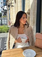 Elegant Women Camel Tweed Jacket Autumn Long Sleeve Button Frayed Cropped Jacket Female Fashion O-neck Pocket Short Coats Aiertu