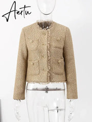 Elegant Women Camel Tweed Jacket Autumn Long Sleeve Button Frayed Cropped Jacket Female Fashion O-neck Pocket Short Coats Aiertu