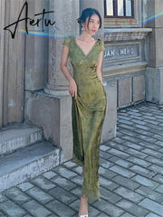 Elegant Women Green Satin Backless Mixi Dress Palace Short Sleeve Lace V-Neck Bandage Vintage Bodycon Dress Robe Summer Vestidos Aiertu