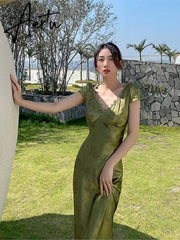 Elegant Women Green Satin Backless Mixi Dress Palace Short Sleeve Lace V-Neck Bandage Vintage Bodycon Dress Robe Summer Vestidos Aiertu