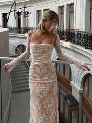 Aiertu Elegant Women Party Evening Dress Lace Slip Long Sleeve Backless Sexy Maxi Dress For Women New Slim Long Dress Aiertu