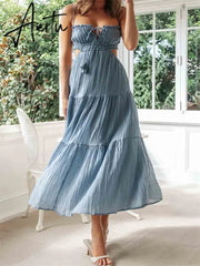 Elegant Women Summer Long Dress Solid Color Tie-Up Sleeveless Backless Dress Fashion Party Sling Female Aiertu