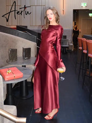 Elegant Women's Autumn Evening Dress Backless Long Sleeve Solid Satin Split Maxi Dress Femme Chic Slim Party Dresses Aiertu
