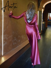 Elegant Women's Autumn Evening Dress Backless Long Sleeve Solid Satin Split Maxi Dress Femme Chic Slim Party Dresses Aiertu