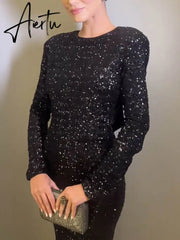 Elegant Women's Party Clubwear Evening Dresses Bow Backless Long Sleeve Glitter Sequins Long Dress Women New Aiertu