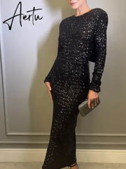 Elegant Women's Party Clubwear Evening Dresses Bow Backless Long Sleeve Glitter Sequins Long Dress Women New Aiertu