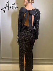Elegant Women's Party Clubwear Evening Dresses Bow Backless Long Sleeve Glitter Sequins Long Dress Women New Aiertu
