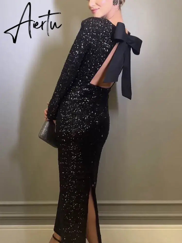 Elegant Women's Party Clubwear Evening Dresses Bow Backless Long Sleeve Glitter Sequins Long Dress Women New Aiertu
