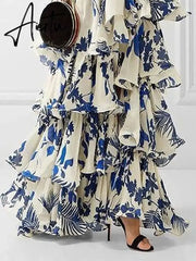 Elegant Women's Printed Vestidos Sleeveless Neck-mounted Female Formal Wear Aesthetic Layered Ruffled Hem Evening Party Dresses Aiertu