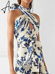 Elegant Women's Printed Vestidos Sleeveless Neck-mounted Female Formal Wear Aesthetic Layered Ruffled Hem Evening Party Dresses Aiertu
