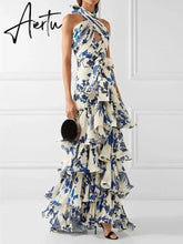 Elegant Women's Printed Vestidos Sleeveless Neck-mounted Female Formal Wear Aesthetic Layered Ruffled Hem Evening Party Dresses Aiertu