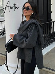 Elegant Woolen Trench Scarf Collar Coat Women Fashion Vintage Windbreakers Jacket Winter Loose Single Breasted Warm Outerwear Aiertu
