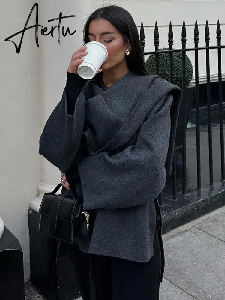 Elegant Woolen Trench Scarf Collar Coat Women Fashion Vintage Windbreakers Jacket Winter Loose Single Breasted Warm Outerwear Aiertu