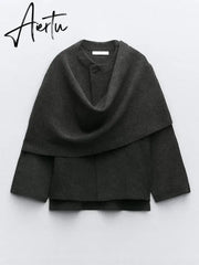 Elegant Woolen Trench Scarf Collar Coat Women Fashion Vintage Windbreakers Jacket Winter Loose Single Breasted Warm Outerwear Aiertu