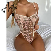 Ellolace Floral Embroidery Bodysuit Women Lace Up Bandage Bodies Sexy Sleeveless Bodycon Transparent Lingerie Mesh Bodysuits Top Aiertu