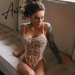 Ellolace Floral Embroidery Bodysuit Women Lace Up Bandage Bodies Sexy Sleeveless Bodycon Transparent Lingerie Mesh Bodysuits Top Aiertu