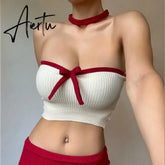 Embellished Bow Detail Sexy Strapless Crop Tops Outfits for Women Party Club Backless Cropped Tube Top Summer Aiertu