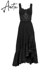 Embroidery Hollow Out Printing Dresses For Women Square Collar Sleeveless High Waist Irregular Hem A Line Midi Dress Female Aiertu