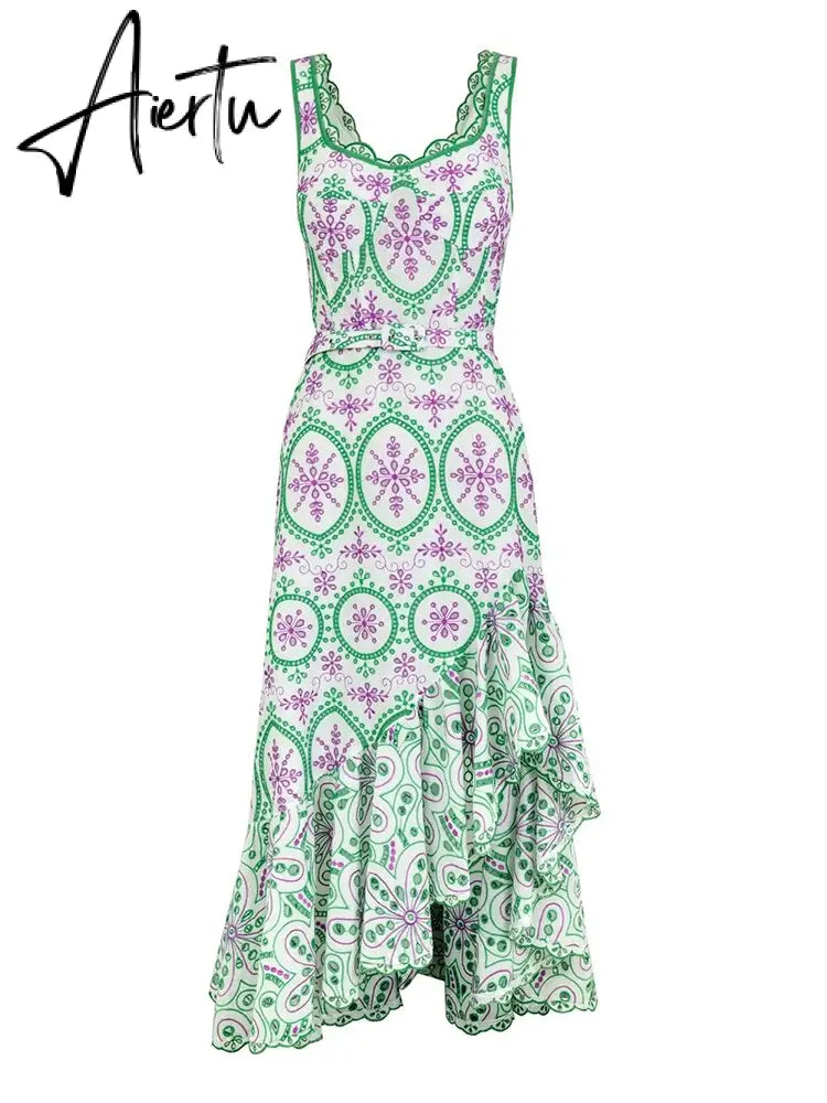 Embroidery Hollow Out Printing Dresses For Women Square Collar Sleeveless High Waist Irregular Hem A Line Midi Dress Female Aiertu