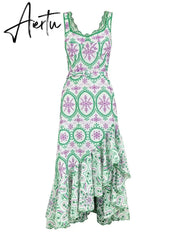 Embroidery Hollow Out Printing Dresses For Women Square Collar Sleeveless High Waist Irregular Hem A Line Midi Dress Female Aiertu