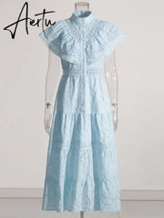 Embroidery Summer Dresses For Women Stand Collar Short Sleeve High Waist Folds Summer Dress Female Fashion Clothing Aiertu