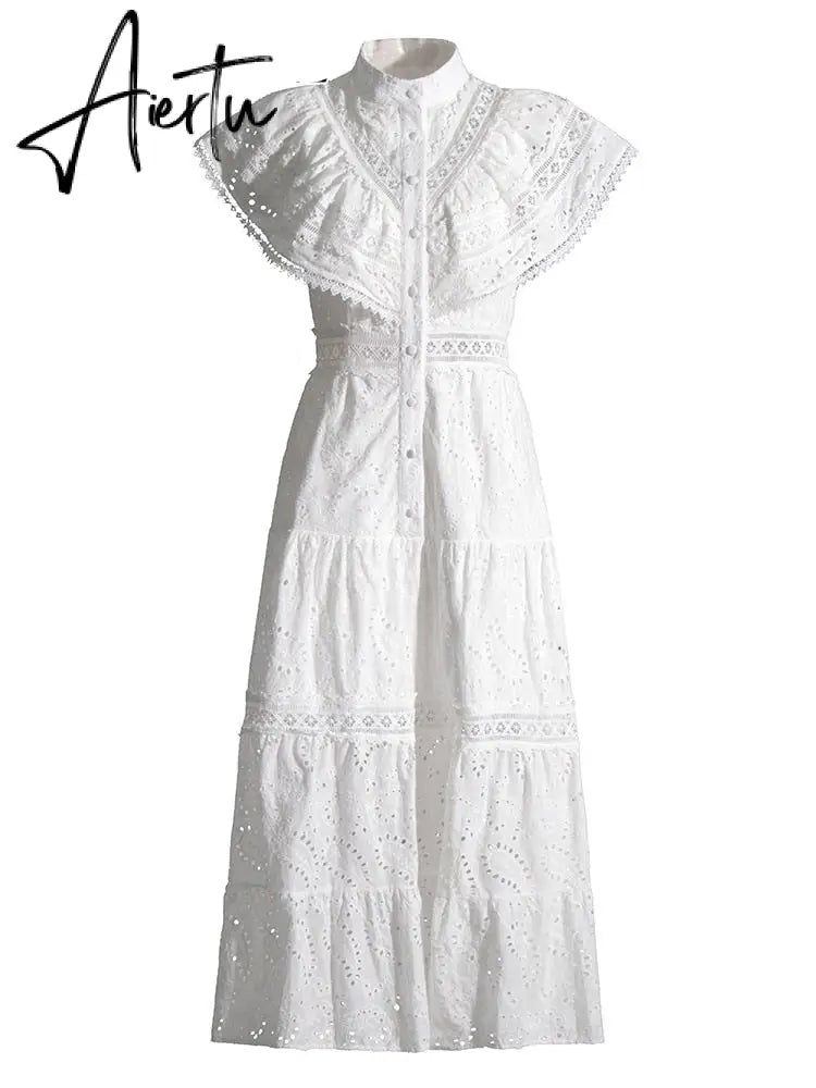 Embroidery Summer Dresses For Women Stand Collar Short Sleeve High Waist Folds Summer Dress Female Fashion Clothing Aiertu