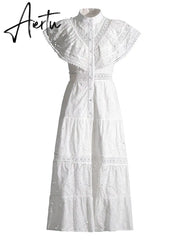 Embroidery Summer Dresses For Women Stand Collar Short Sleeve High Waist Folds Summer Dress Female Fashion Clothing Aiertu