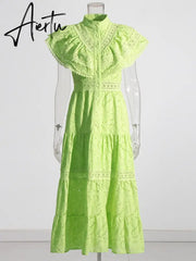Embroidery Summer Dresses For Women Stand Collar Short Sleeve High Waist Folds Summer Dress Female Fashion Clothing Aiertu
