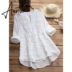 Embroidery Women's White Blouse Casual Plus Size Tops Elegant V-Neck Long Sleeve Tunic Summer Autumn Floral Print Women's Shirt Aiertu
