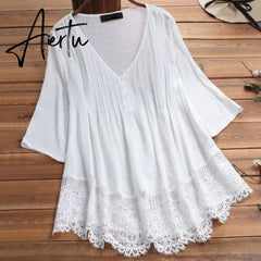 Embroidery Women's White Blouse Casual Plus Size Tops Elegant V-Neck Long Sleeve Tunic Summer Autumn Floral Print Women's Shirt Aiertu