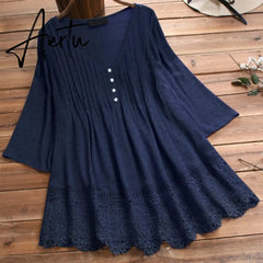 Embroidery Women's White Blouse Casual Plus Size Tops Elegant V-Neck Long Sleeve Tunic Summer Autumn Floral Print Women's Shirt Aiertu