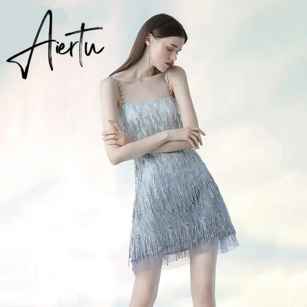 Evening Party Elegant Diamonds Tassel Dress Vestiso Spaghetti Strap A-Line Bodycon Mini Dress Women Summer Dresses Aiertu