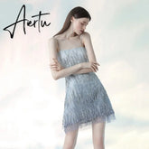 Evening Party Elegant Diamonds Tassel Dress Vestiso Spaghetti Strap A-Line Bodycon Mini Dress Women Summer Dresses Aiertu