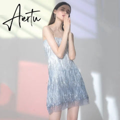 Evening Party Elegant Diamonds Tassel Dress Vestiso Spaghetti Strap A-Line Bodycon Mini Dress Women Summer Dresses Aiertu